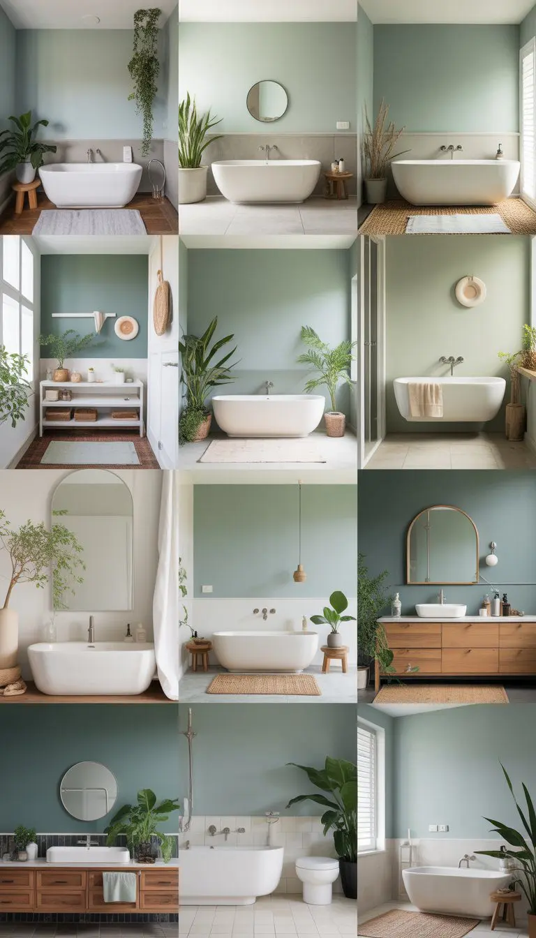 A bathroom interior with soft greenish-gray walls, white fixtures, wooden accents, plants, and natural lighting.