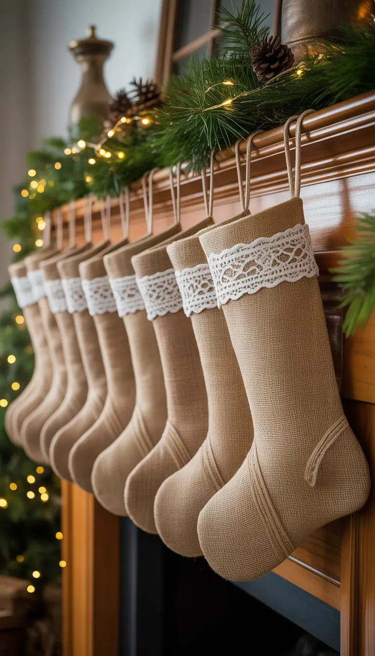 Fifteen burlap Christmas stockings with lace trim hanging on a wooden mantel decorated with pine garlands and fairy lights.