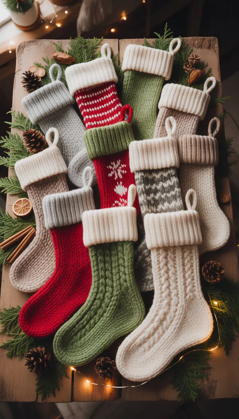 Fifteen handmade knitted Christmas stockings arranged on a wooden surface with holiday decorations around them.