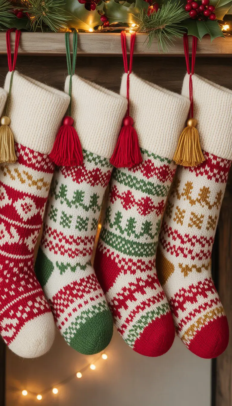 A row of colorful Christmas stockings with tassels hanging together on a mantel decorated with pine branches and holiday lights.