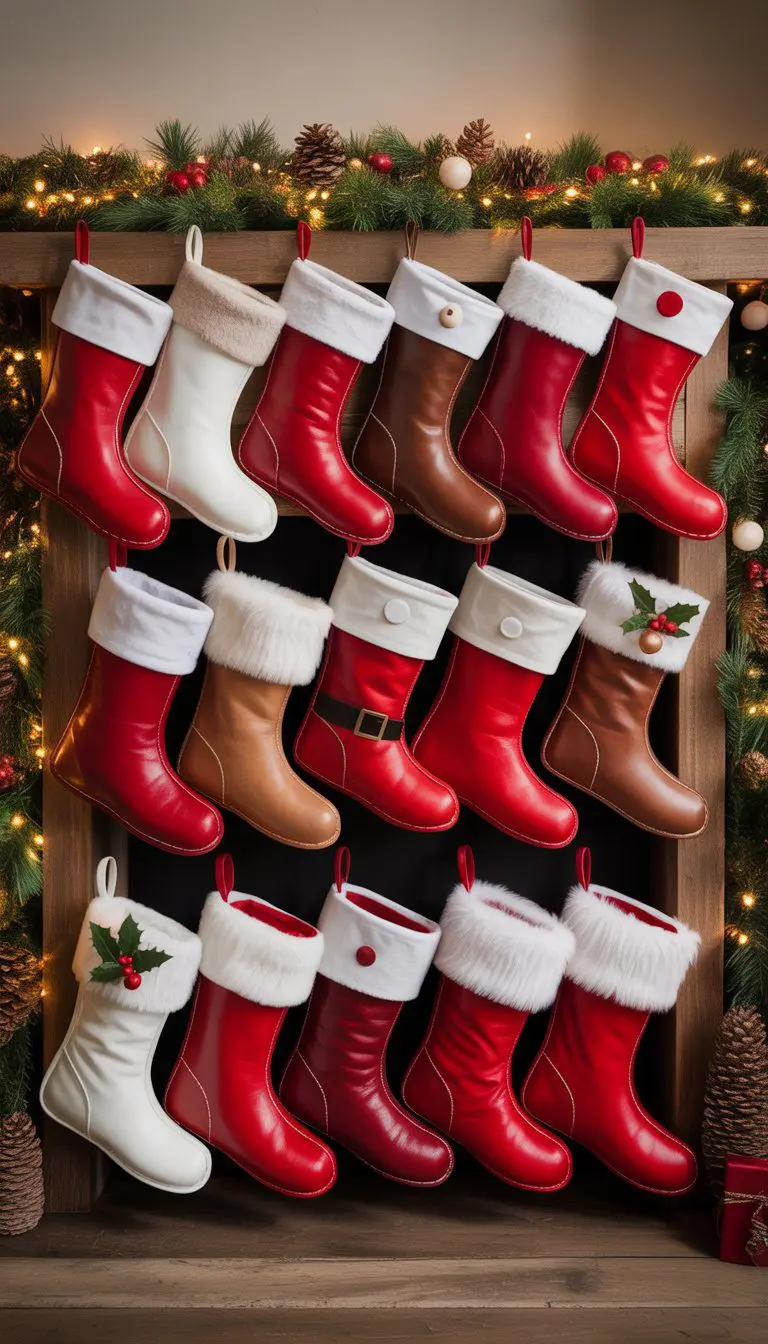 Fifteen Christmas stockings styled like Santa boots hanging on a decorated mantel with greenery and lights.