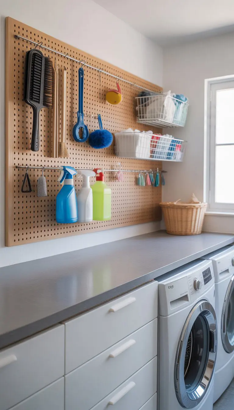 A garage laundry room with a pegboard on the wall holding laundry tools and a clutter-free countertop with a washing machine and dryer.