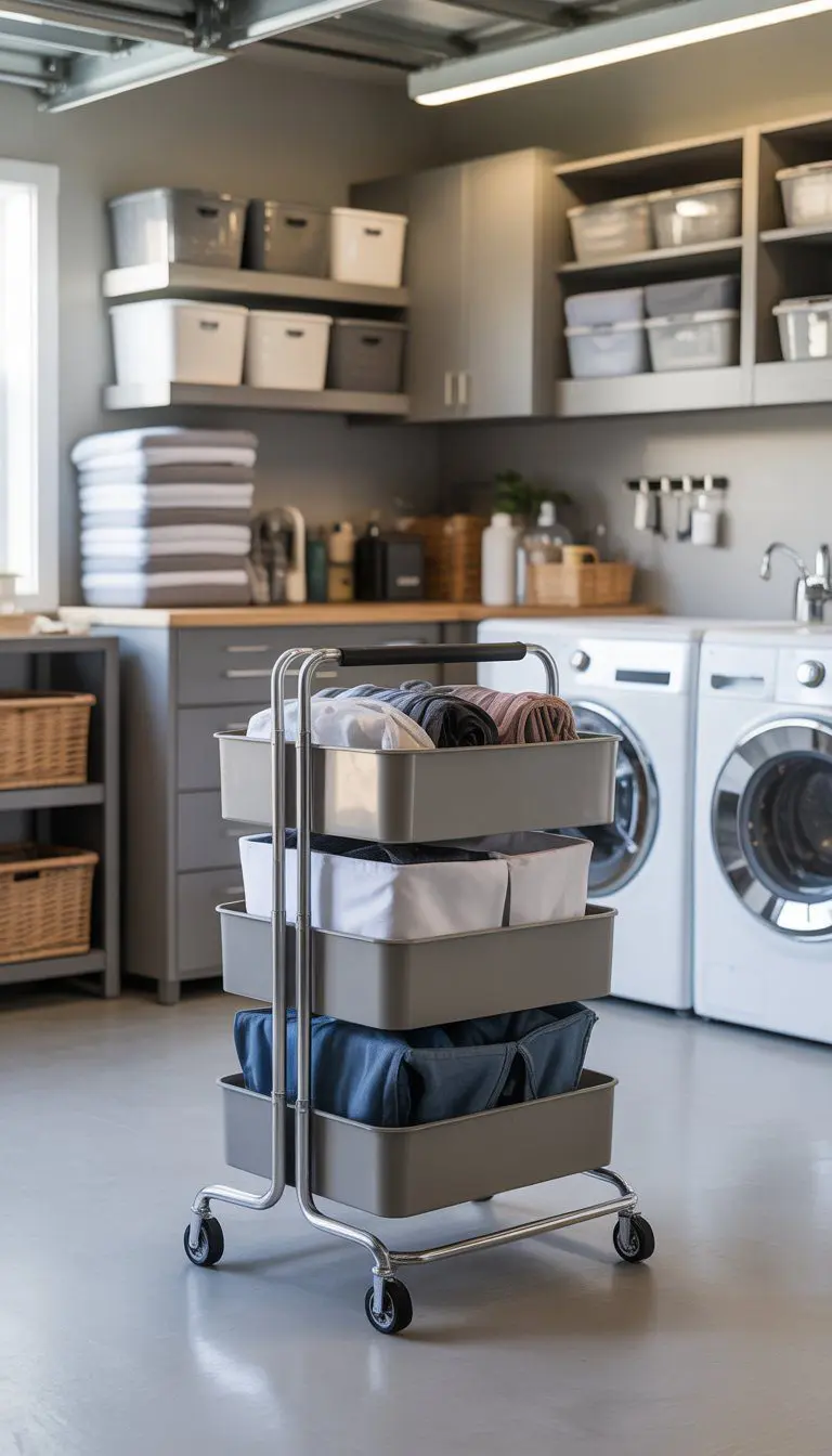 A garage laundry room with a rolling cart containing bins for sorting laundry, washer and dryer, shelves, and storage cabinets.