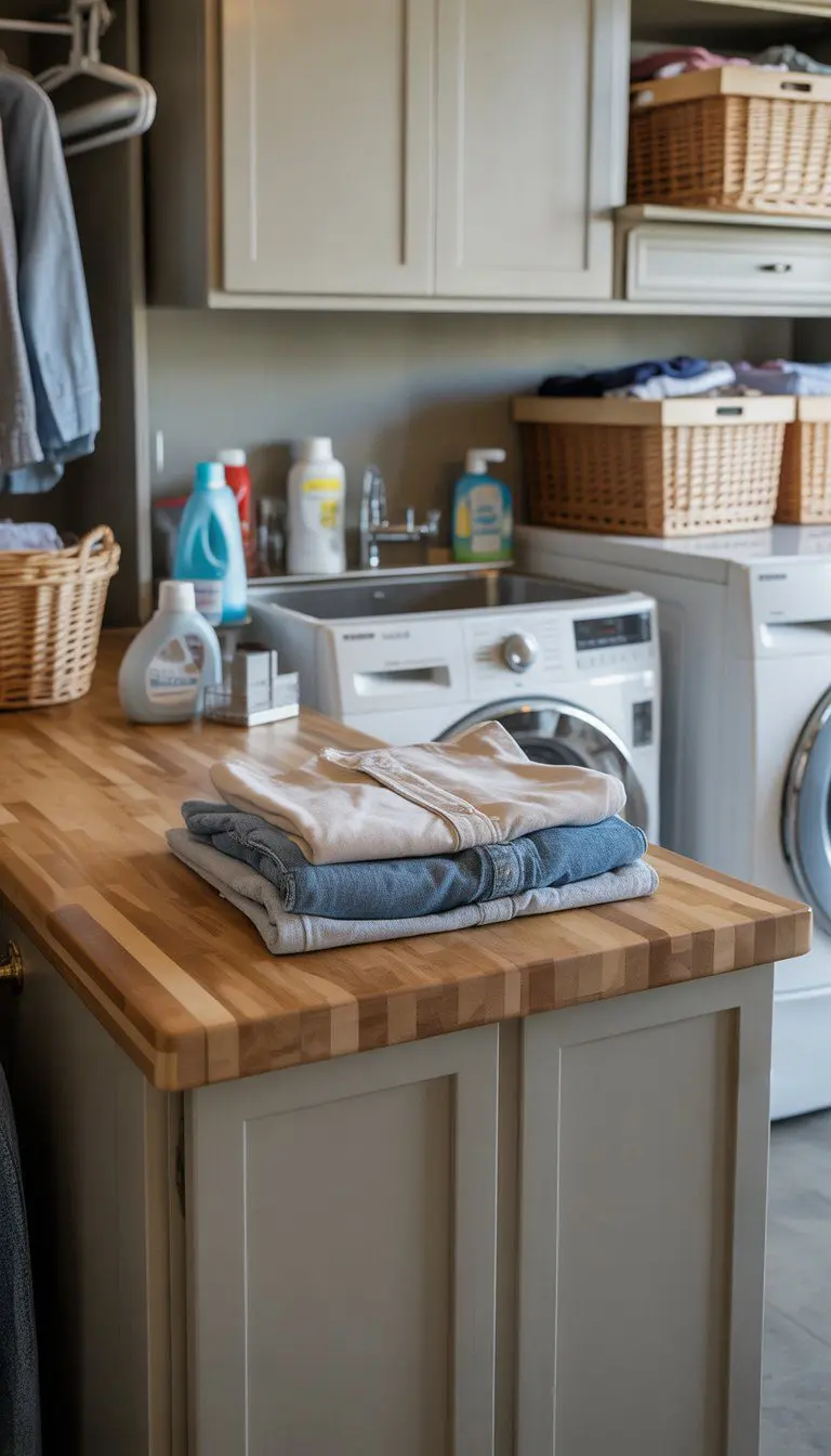 Small laundry room counter with butcher block or laminate surface, folded clothes, detergent, and laundry appliances in the background.