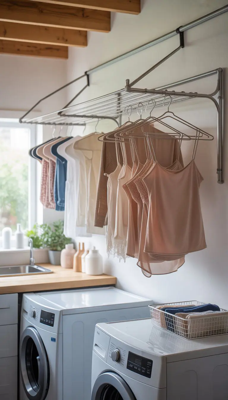 Garage laundry room with wall-mounted drying rack and hooks holding delicate clothes for air drying, next to a washing machine and dryer.