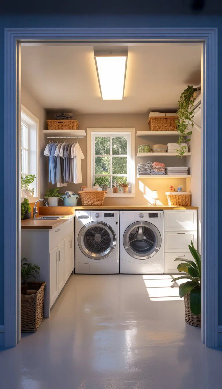 A bright garage laundry room with a washing machine, dryer, shelves, and LED lighting.