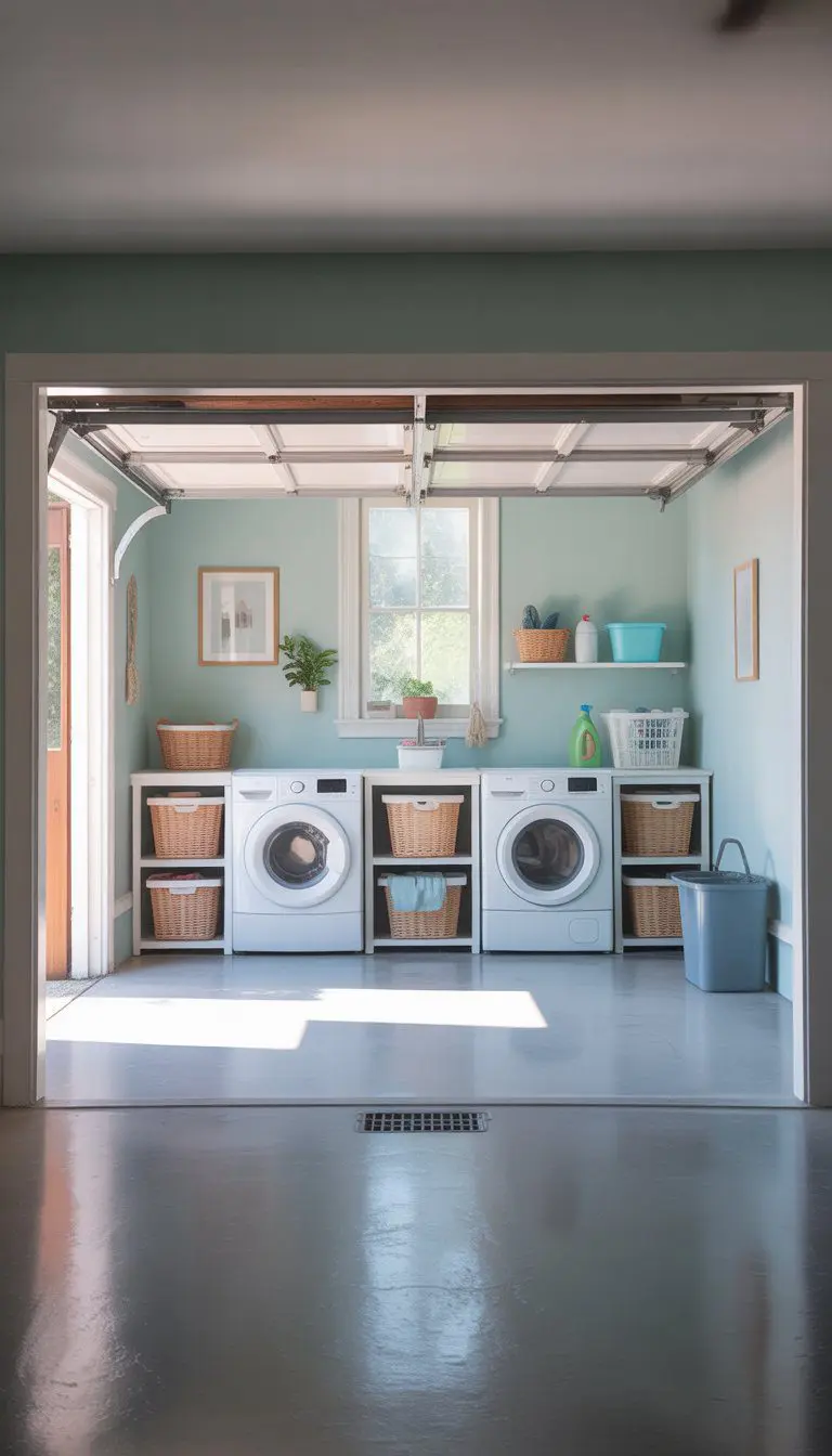 A bright garage laundry room with light-colored walls, washer and dryer, shelves with laundry supplies, and a small plant.
