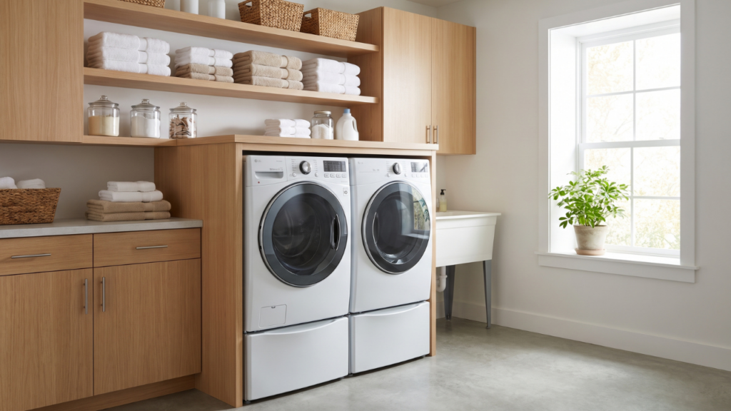 A clean and organized garage laundry room with a washer and dryer, storage cabinets, open shelves with folded towels, and natural light coming through a window.