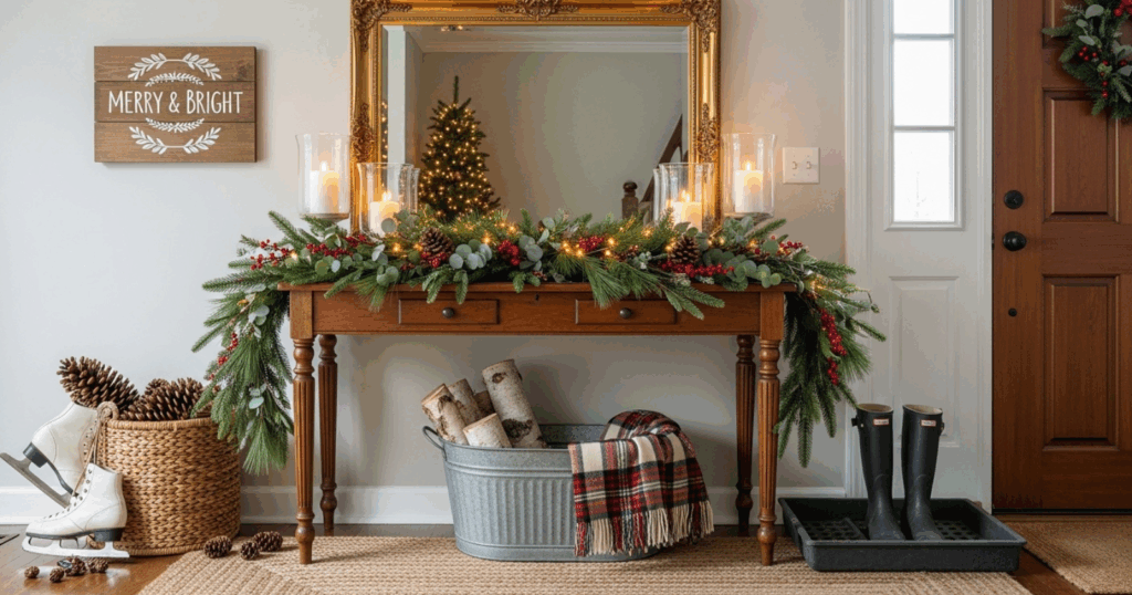 Christmas entryway with greenery, candles, console table, mirror, plaid throw, and holiday decor