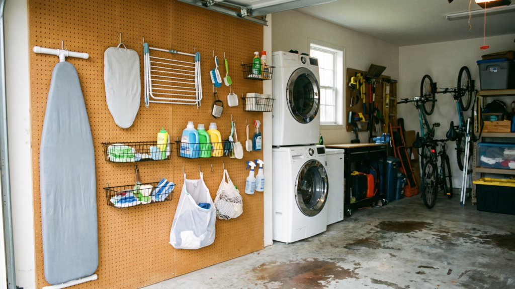 A garage laundry room with a pegboard wall holding various laundry tools and supplies, next to a washer and dryer.