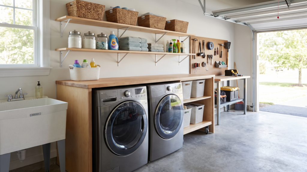 Garage laundry room with washer and dryer side by side and open shelves above holding laundry supplies.