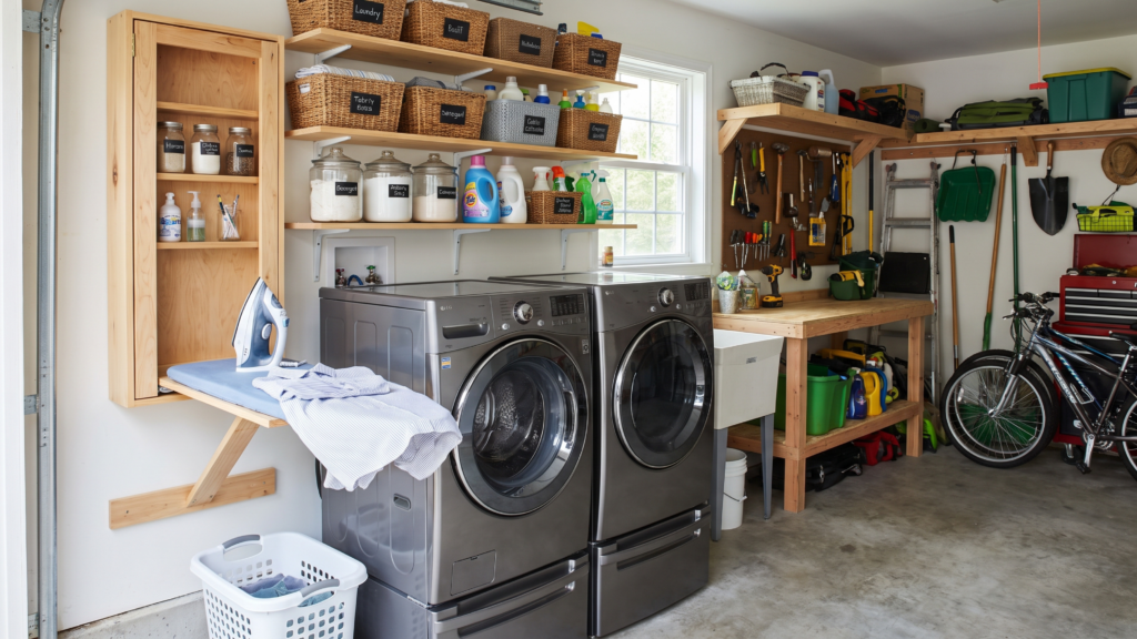 Garage laundry room with a fold-down ironing board mounted on the wall, washer and dryer, and organized shelves with laundry supplies.
