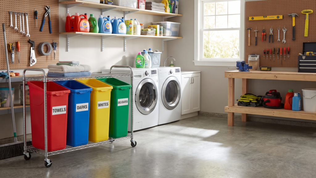 A garage laundry room with a rolling cart holding colorful sorting bins next to a washer and dryer.
