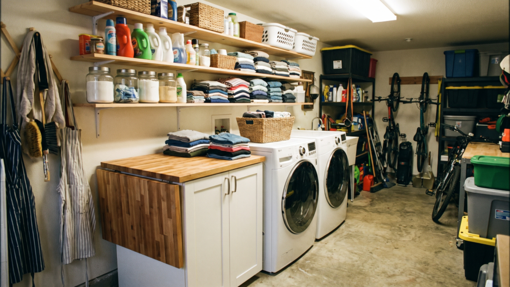 A garage laundry room with a rolling cart holding colorful sorting bins next to a washer and dryer.