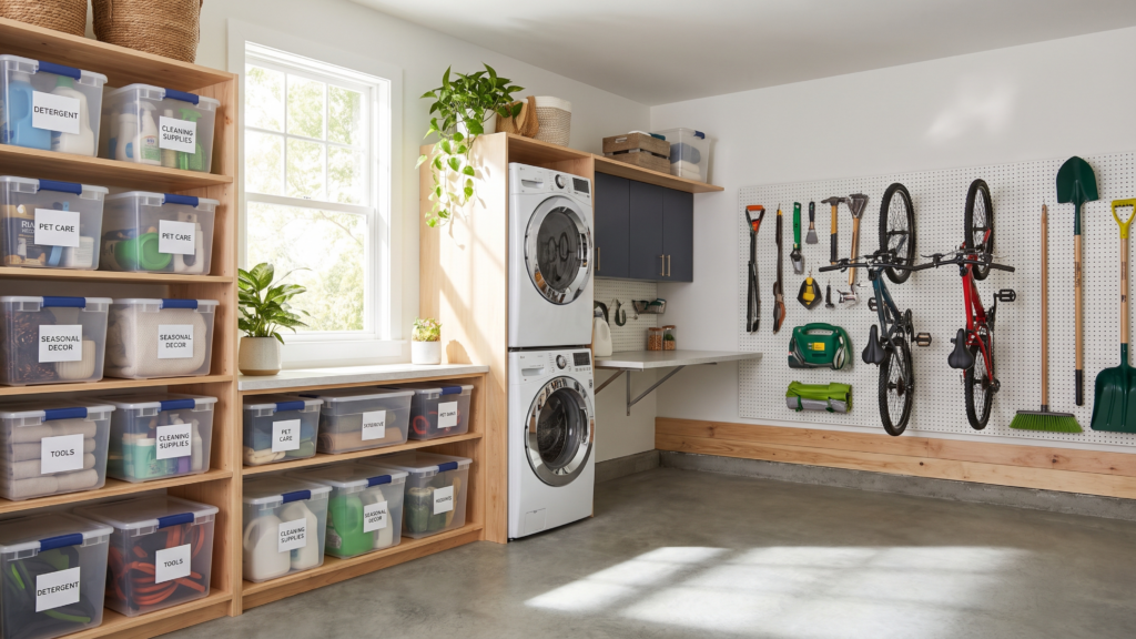 A clean and organized garage laundry room with clear labeled storage bins on shelves, a washing machine and dryer, and bright natural lighting.