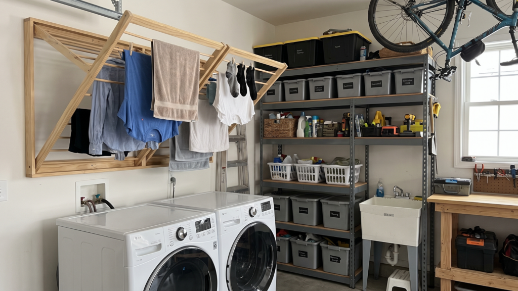 Garage laundry room with a wall-mounted drying rack holding clothes, washing machine, and organized storage shelves.