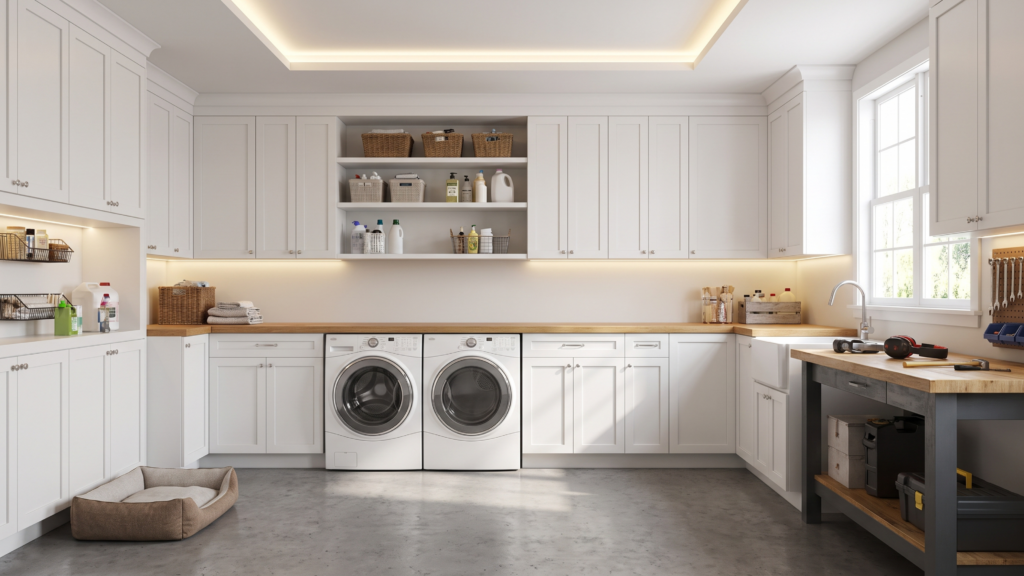 A bright garage laundry room with a washing machine, dryer, white cabinets, and LED lighting illuminating the space.