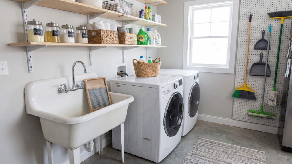 A small utility sink in a tidy garage laundry room with a washer and dryer, shelves with laundry supplies, and cleaning tools hanging on the wall.