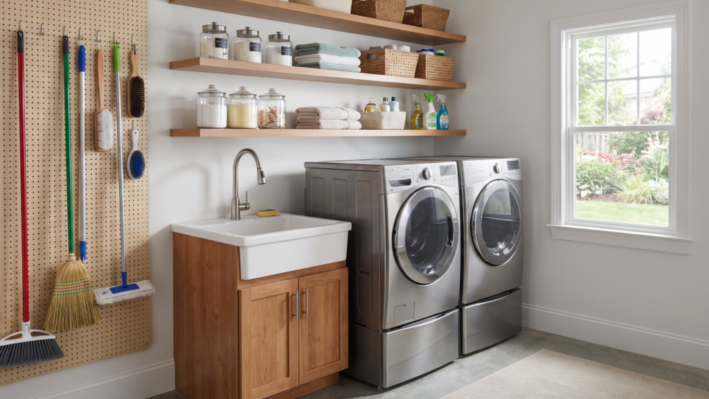 A bright garage laundry room with light-colored walls, washer and dryer, shelves with laundry supplies, and natural light coming through a window.