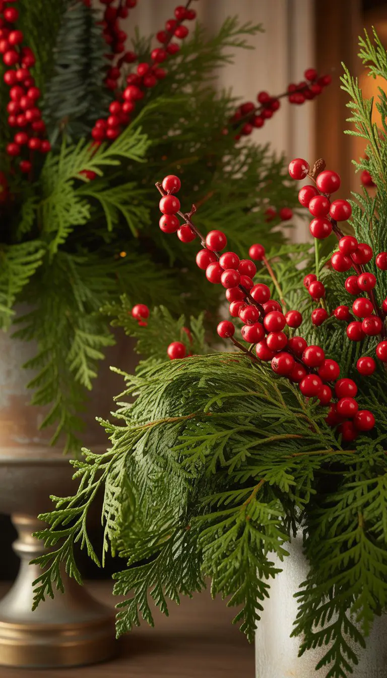 Close-up of evergreen cedar branches mixed with bright red holly berries arranged in planters.