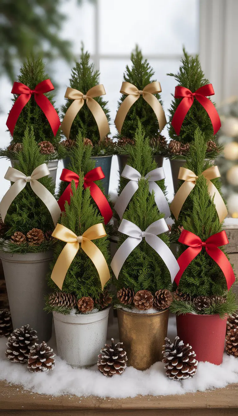 Ten Christmas planters with green topiary plants tied with ribbons, decorated with pine cones and dusted with faux snow.