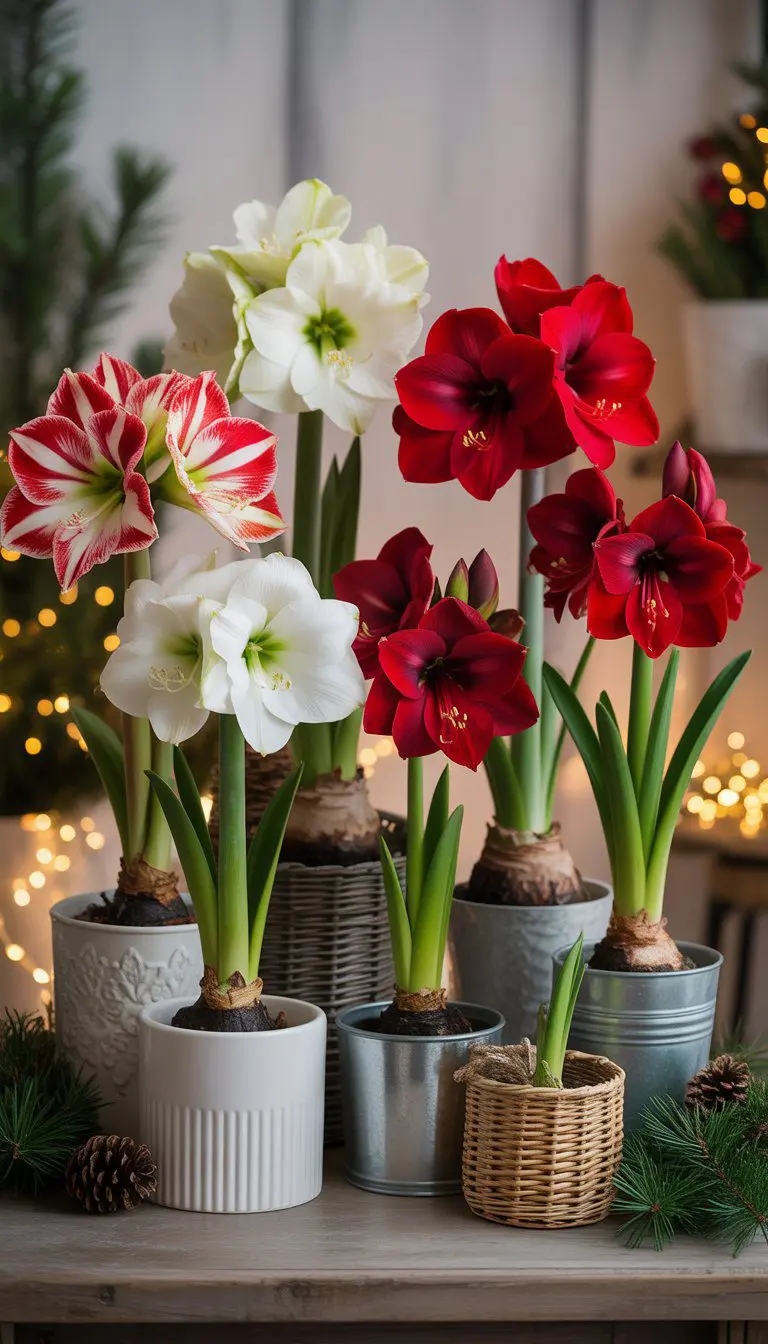 Several potted amaryllis plants with red and white flowers in decorative containers arranged on a wooden surface with holiday decorations in the background.