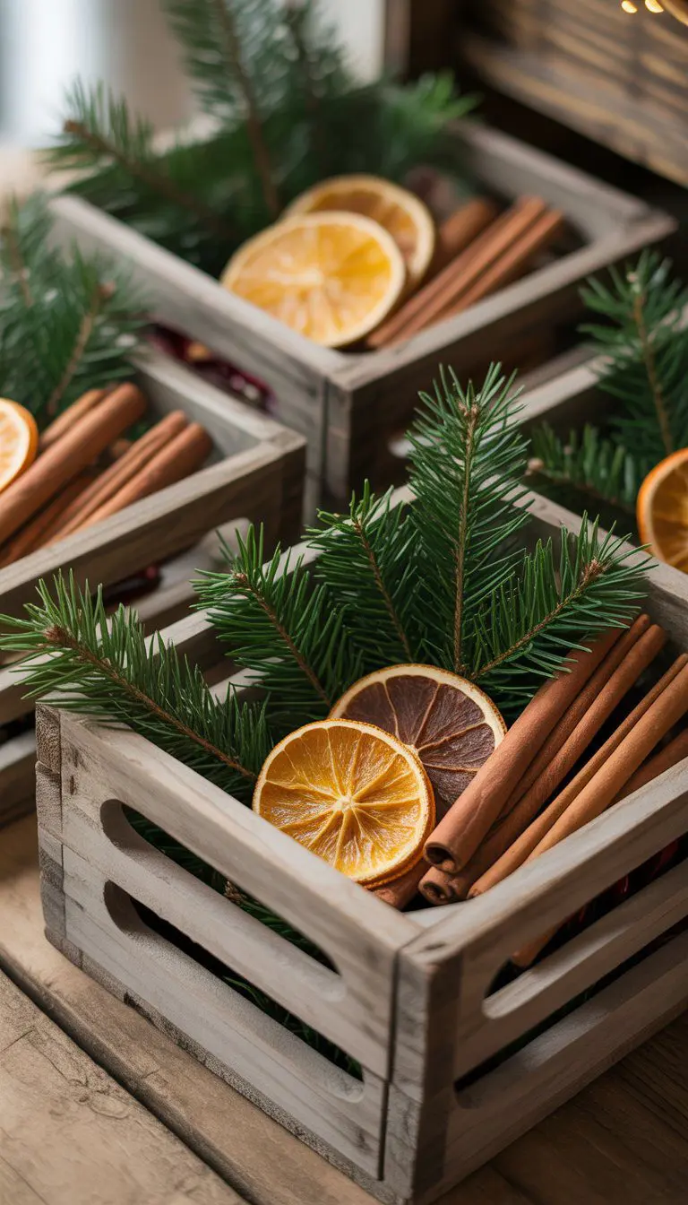 Rustic wooden crates filled with pine branches, dried orange slices, and cinnamon sticks arranged on a wooden surface.