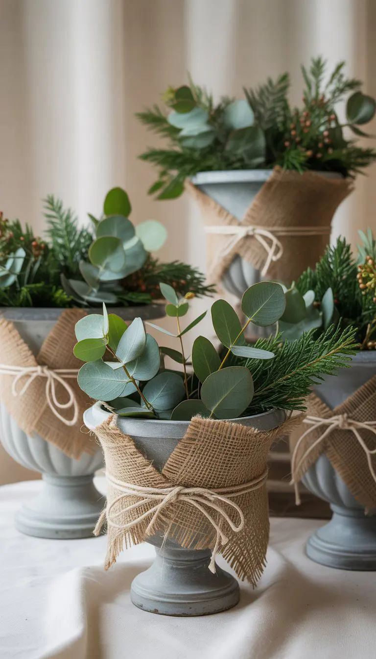 Several urn planters wrapped in burlap and twine, decorated with eucalyptus sprigs, arranged together on a neutral background.