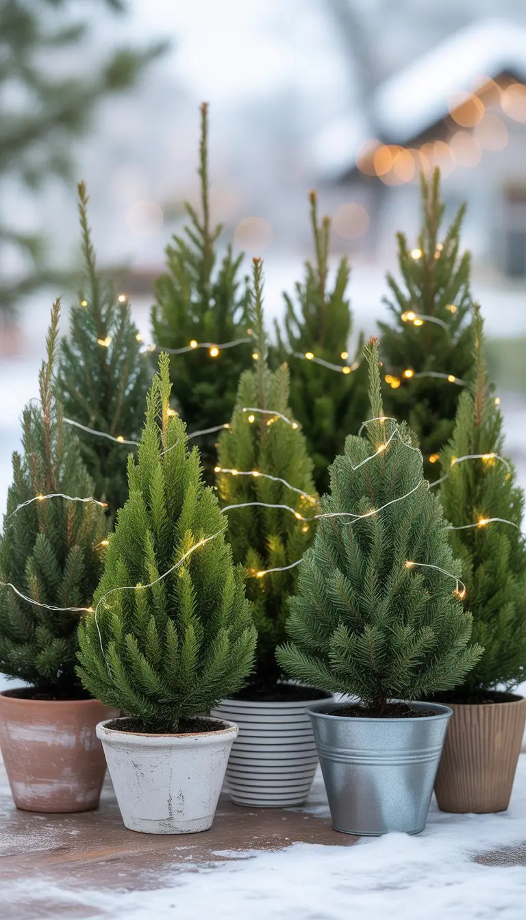 Ten miniature Christmas trees in weather-resistant pots decorated with tiny fairy lights arranged together.