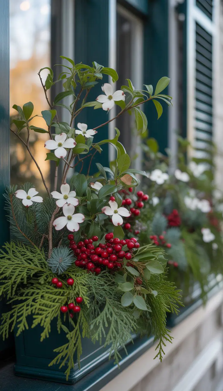 Window boxes filled with dogwood branches, red cranberries, and seasonal green plants on a window sill.