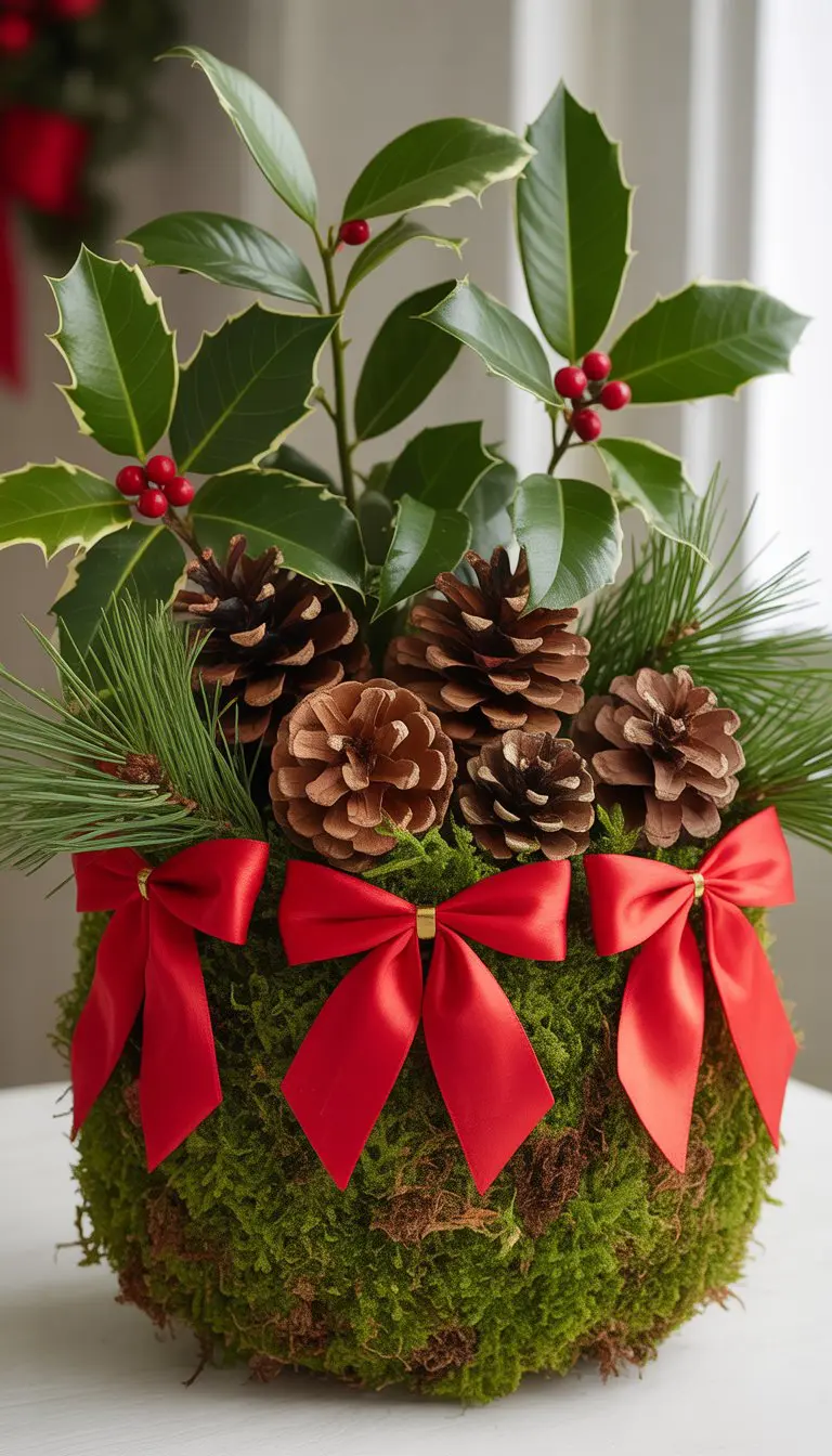 A Christmas planter with green moss base, pinecones, holly leaves with red berries, and red bows.