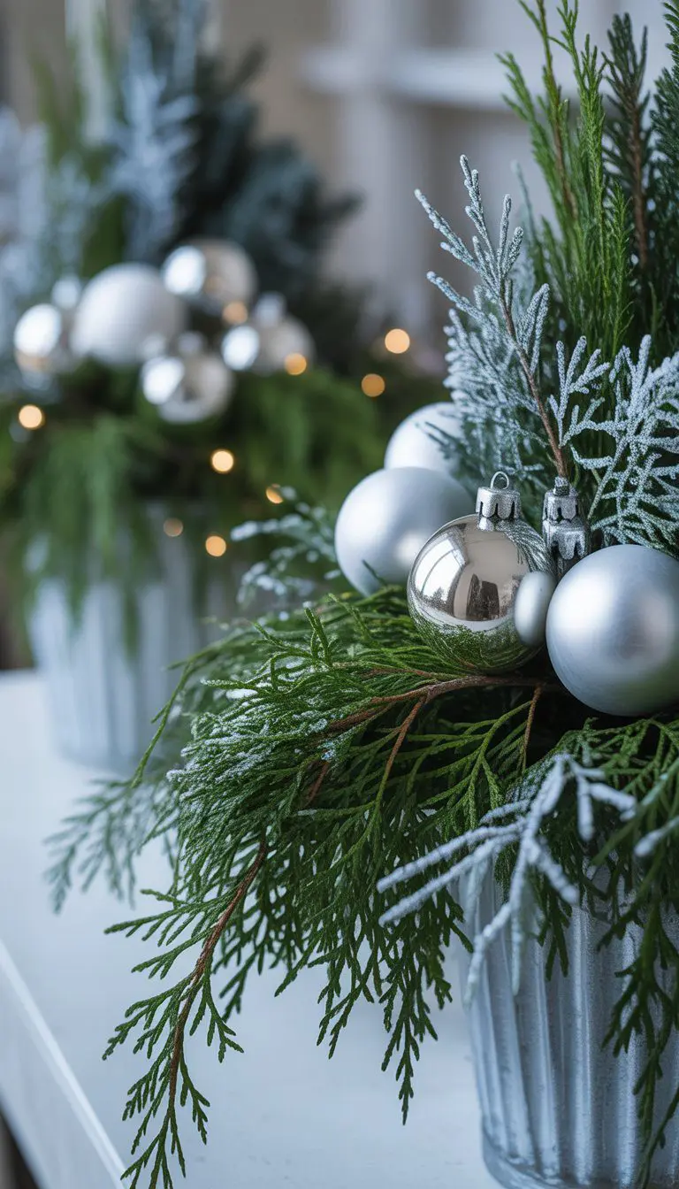 Close-up of frosted pine and juniper branches with silver Christmas ornament balls arranged in festive planters.