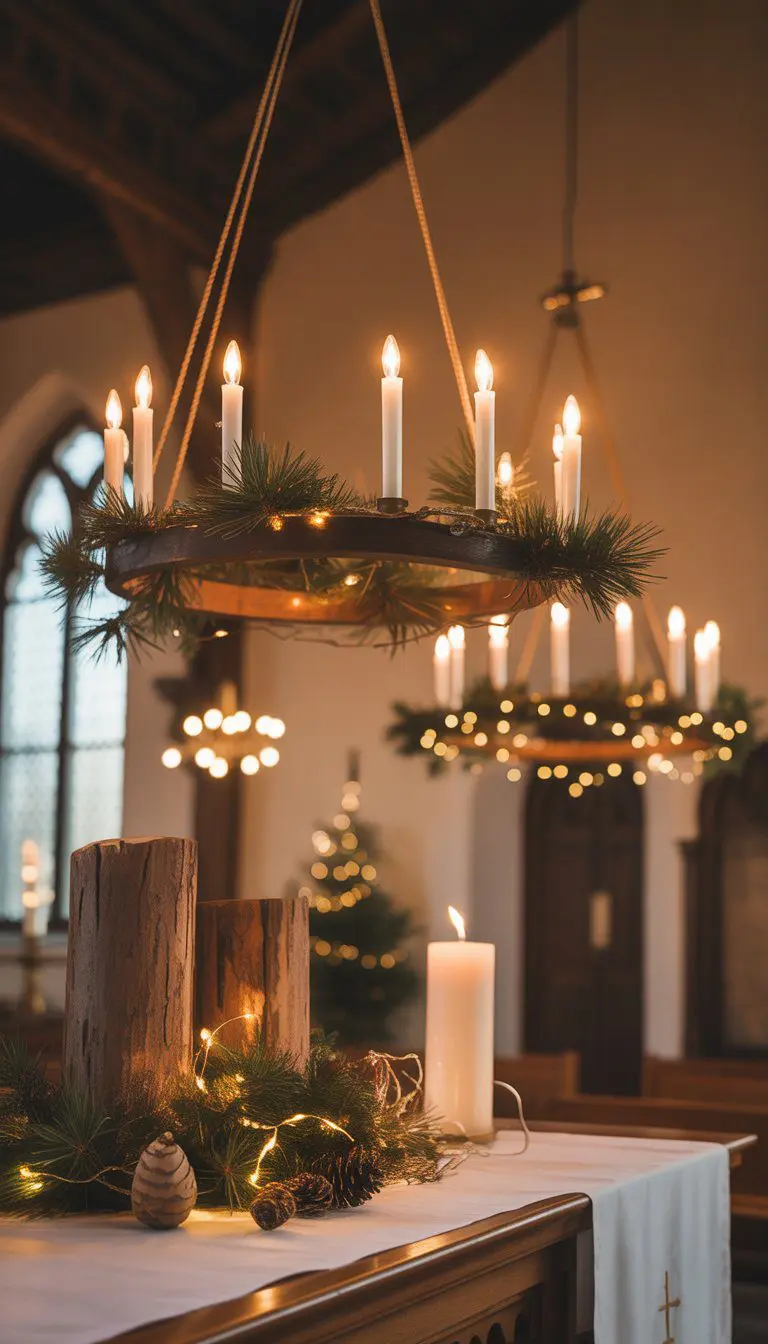 Church stage decorated with rustic candle chandeliers and warm glowing candles for Christmas.