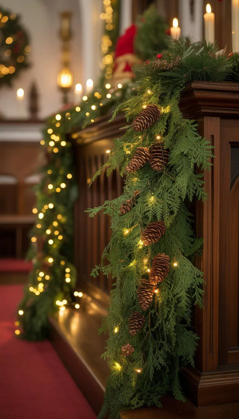 Christmas church stage decorated with an evergreen garland, pinecones, and glowing fairy lights.