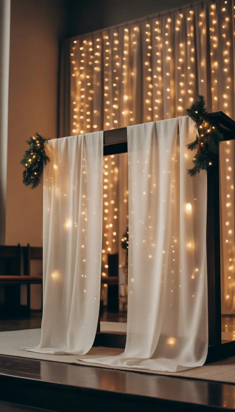 A church stage with white drapes and warm twinkle lights creating a festive Christmas backdrop.