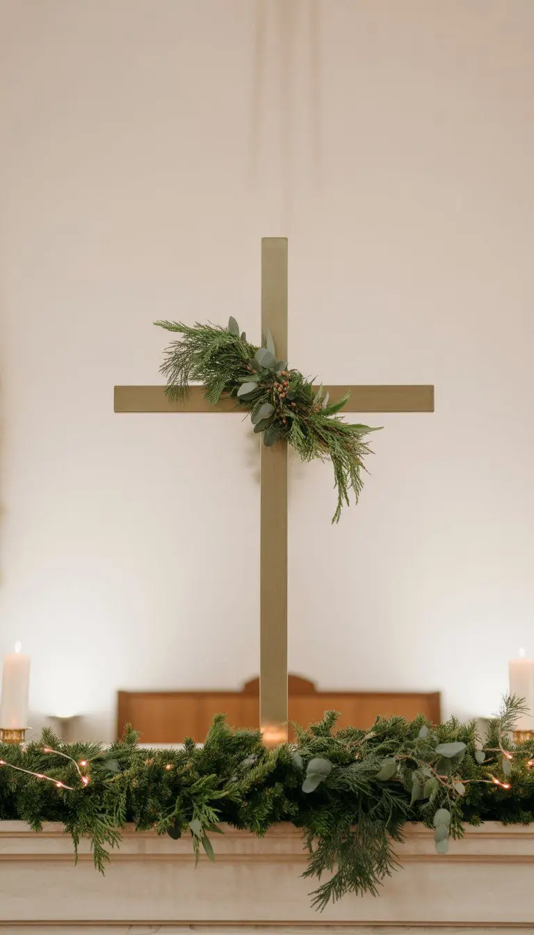 A minimalist cross decorated with green garlands on a church stage with soft lighting.
