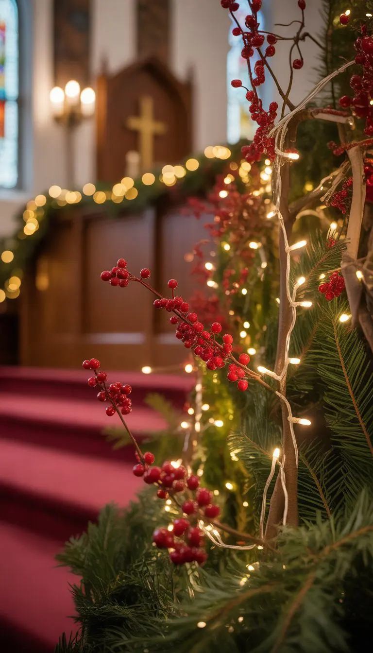 Close-up of string lights intertwined with red berries on a decorated church stage during Christmas.
