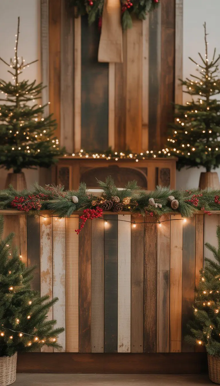 A church stage decorated for Christmas with reclaimed wood panels, pine garlands, string lights, and Christmas trees.