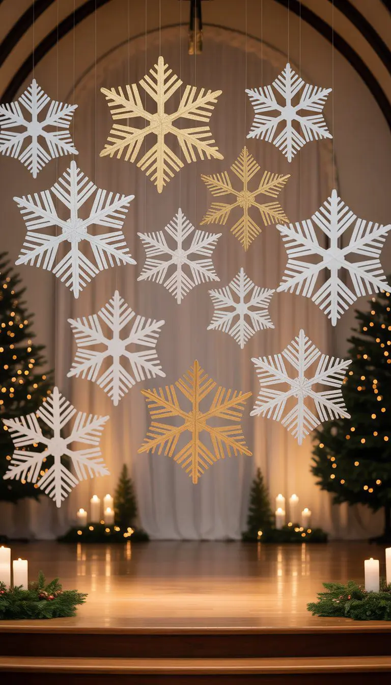 A church stage decorated with white and gold snowflake cutouts and Christmas decorations.