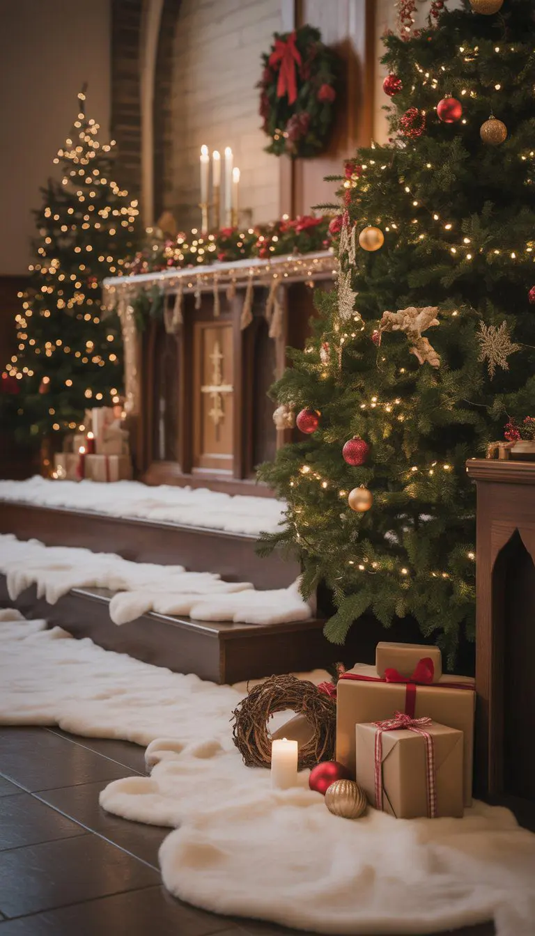 A church stage decorated for Christmas with faux snow blankets, a Christmas tree, garlands, ornaments, and warm lighting creating a cozy winter scene.