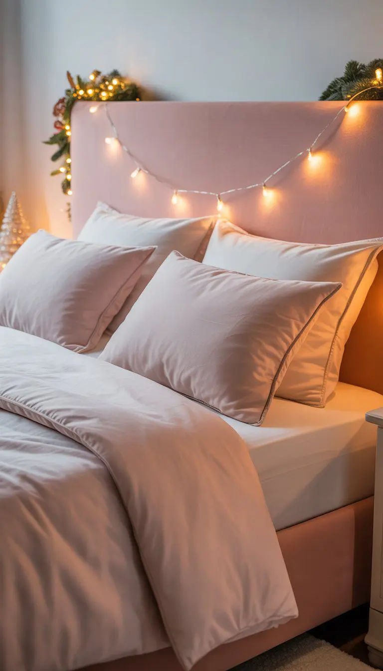 A bedroom with a soft pink headboard decorated with warm fairy lights and cozy bedding.