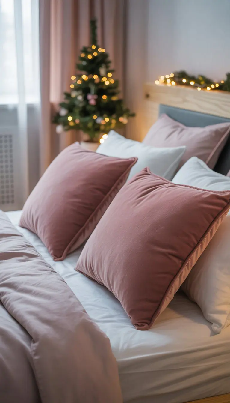 A bedroom with pink velvet throw pillows on a bed decorated for Christmas with fairy lights and a small Christmas tree.