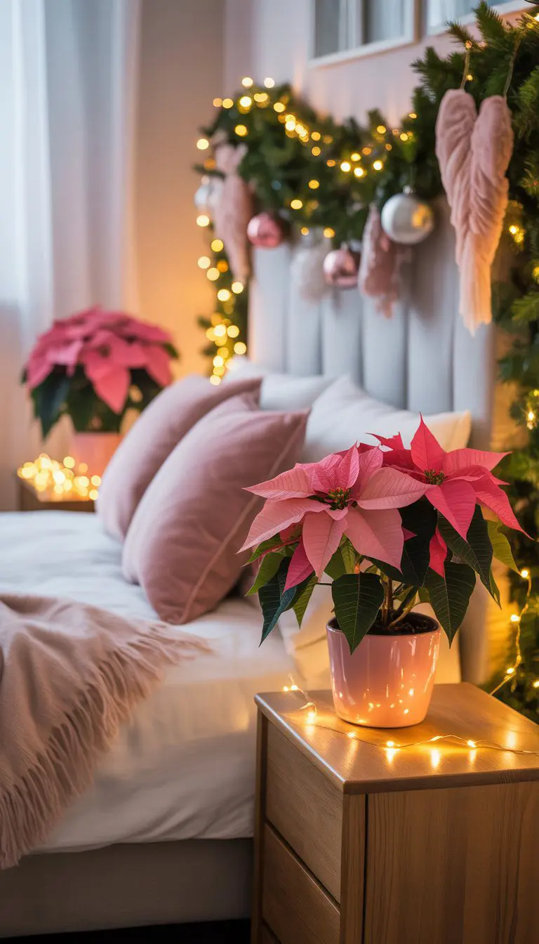 A bedroom with pink poinsettia plants on nightstands next to a bed decorated for Christmas.