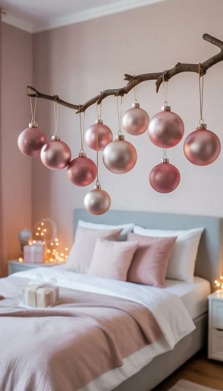 A bedroom with pastel pink Christmas ornaments hanging from a wall-mounted branch above the bed.