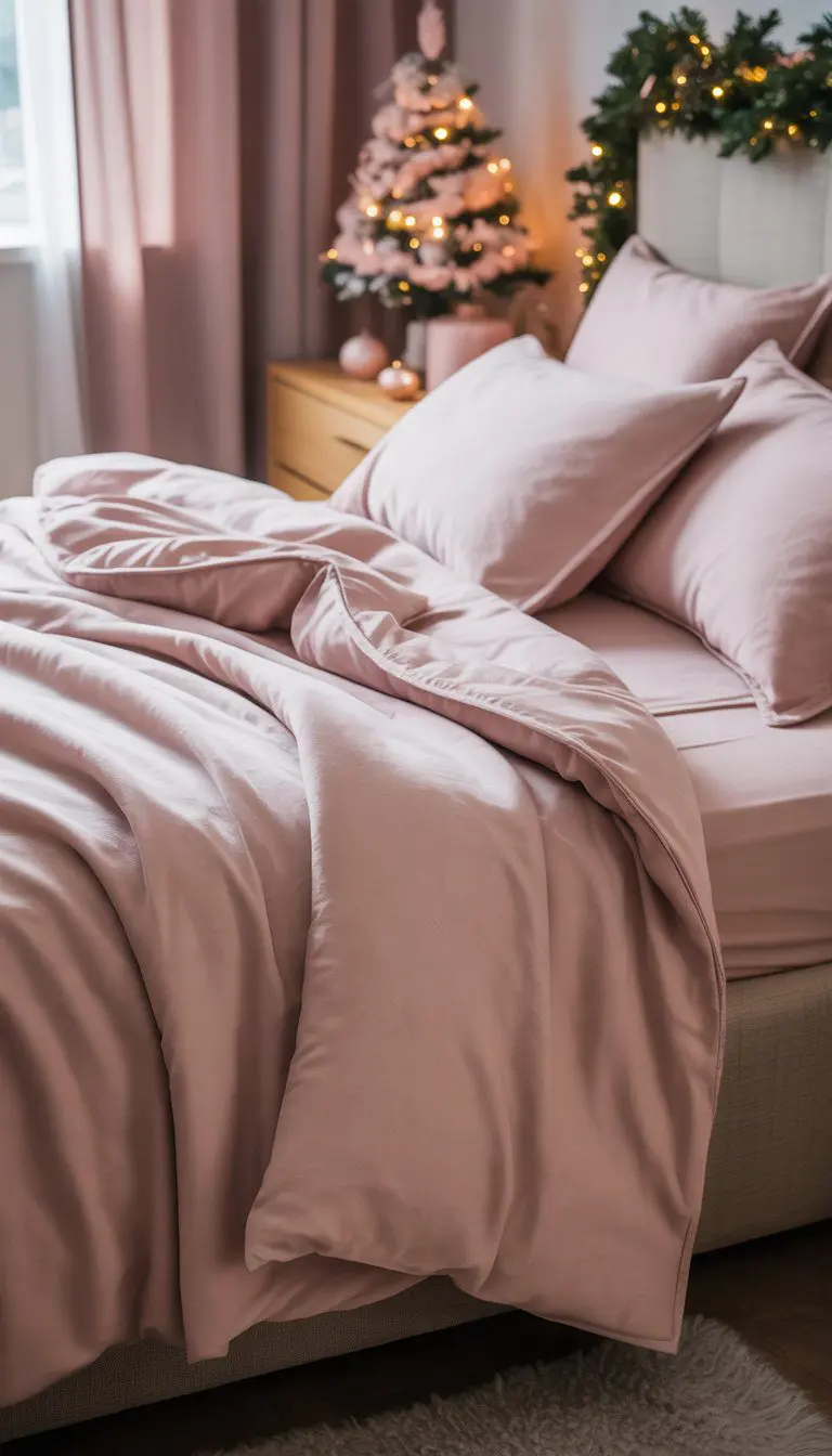 A cozy bedroom with a bed made of blush pink flannel sheets and soft pillows, decorated with pink and white Christmas ornaments and a small Christmas tree on a bedside table.