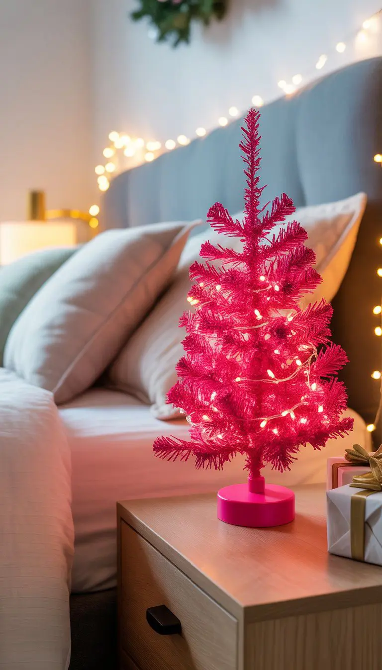 A bright pink mini Christmas tree with white twinkle lights on a nightstand in a bedroom.