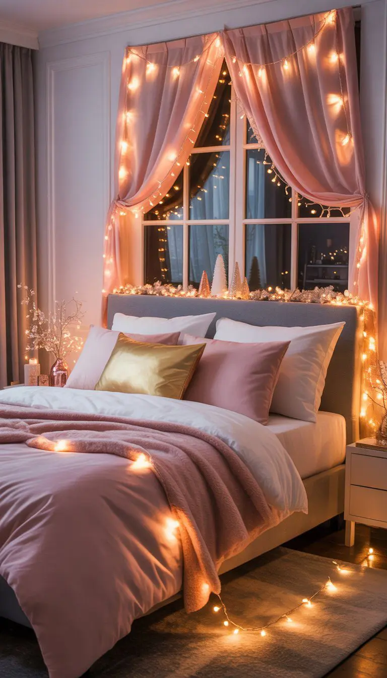 A bedroom decorated with pink and gold string lights glowing softly around the bed and window, with pink bedding and holiday decorations.