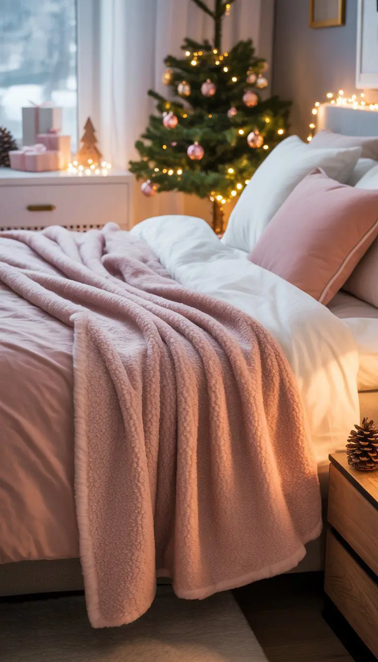 A bedroom decorated for Christmas with a pink sherpa throw blanket on the bed, soft lighting, a small Christmas tree, and festive decorations.