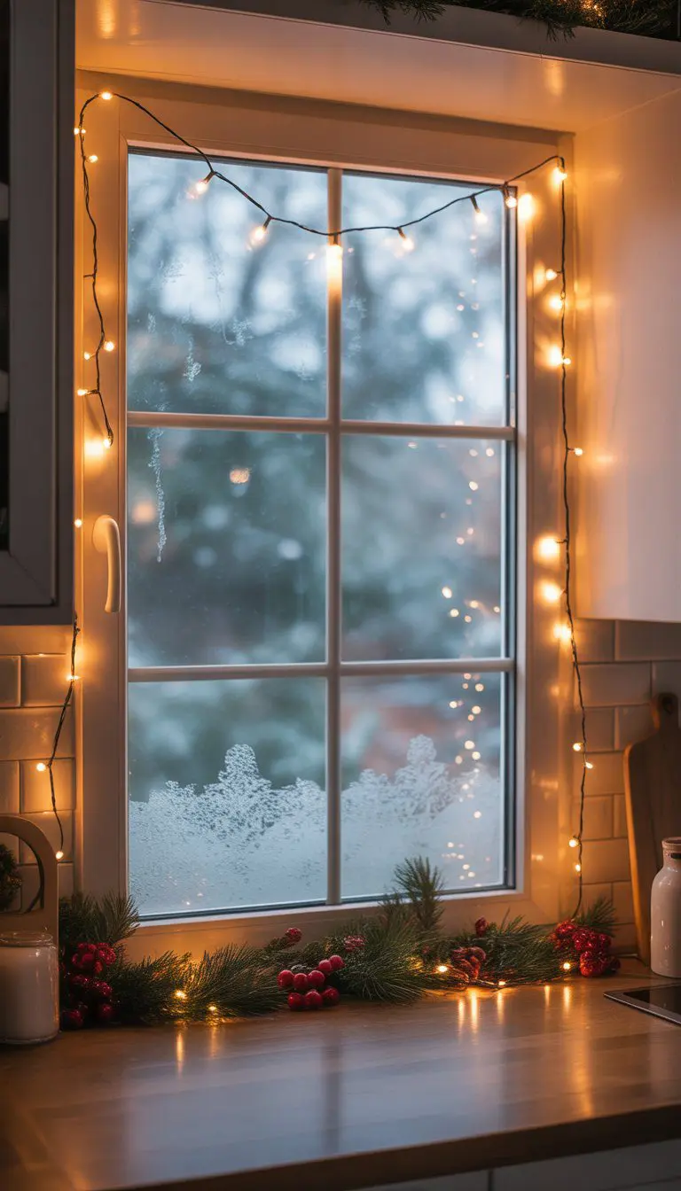 A kitchen window decorated with twinkling fairy lights and Christmas decorations.