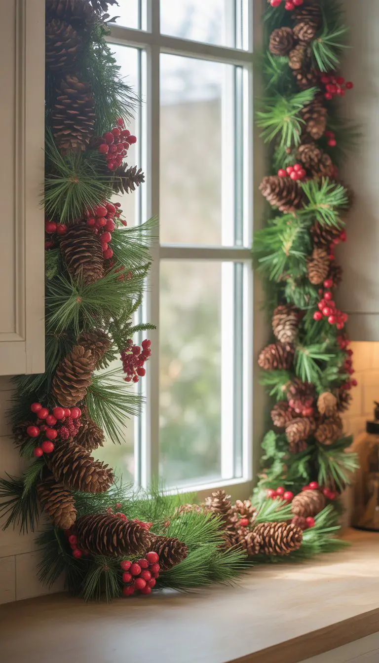 A pinecone and red berry garland hanging along a kitchen window sill decorated for Christmas.
